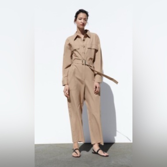 Zara Pants - ZARA Sz L Boiler Suit Tan Belted Jumpsuit long Sleeve Patch Pockets Loose Leg